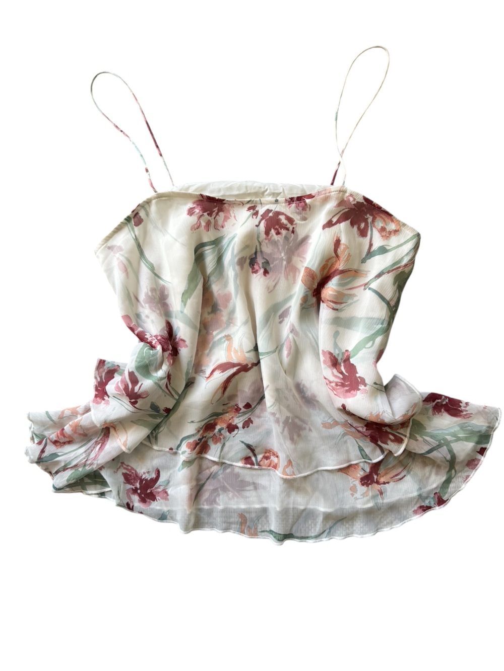 Sheer Double Lined Tiered Flowy Feminine Floral Camisole Top in Cream and‎ Blush